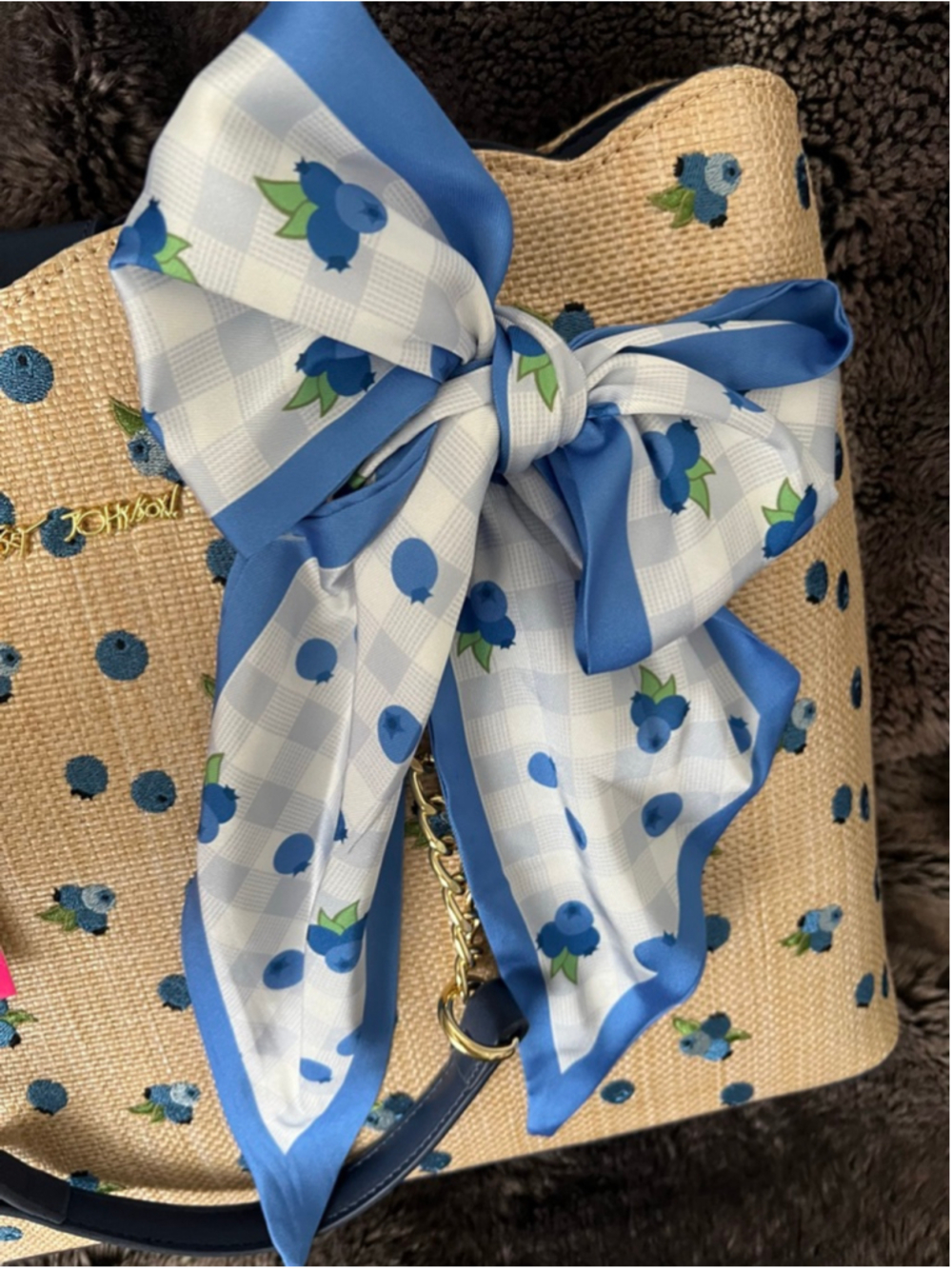 Women's Betsey Johnson Tote Bag One Size Beige Blue Blueberry Print - Picture 6 of 11